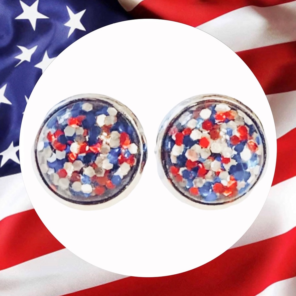 Red White Blue 12mm Glitter Cabochon Earrings